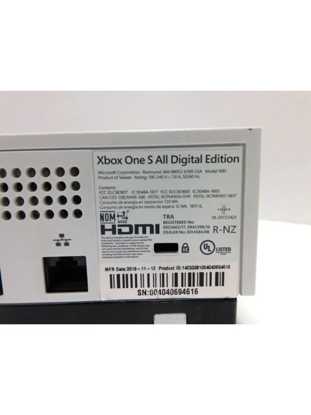 X-box 1 S All Digital Edition W/ 2 Controllers and Cords, Works, Model 1681 DW86